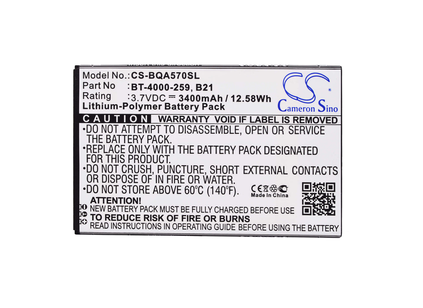 3.7V, 3400mAh, Li-Polymer Battery fits Bq, Aquaris 5.7, 12.58Wh