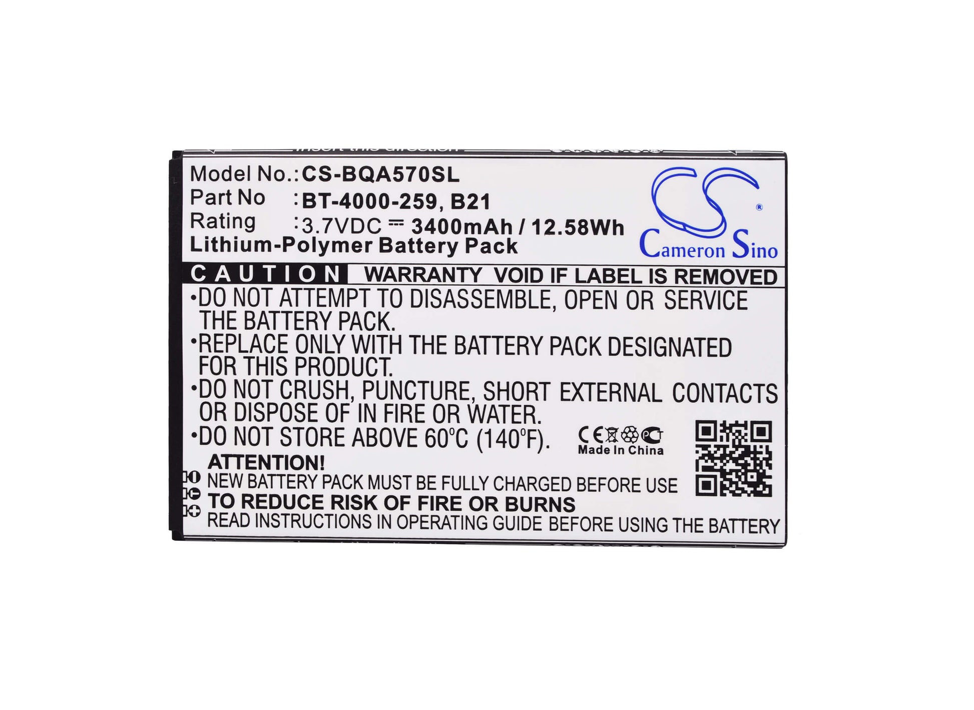 3.7V, 3400mAh, Li-Polymer Battery fits Bq, Aquaris 5.7, 12.58Wh