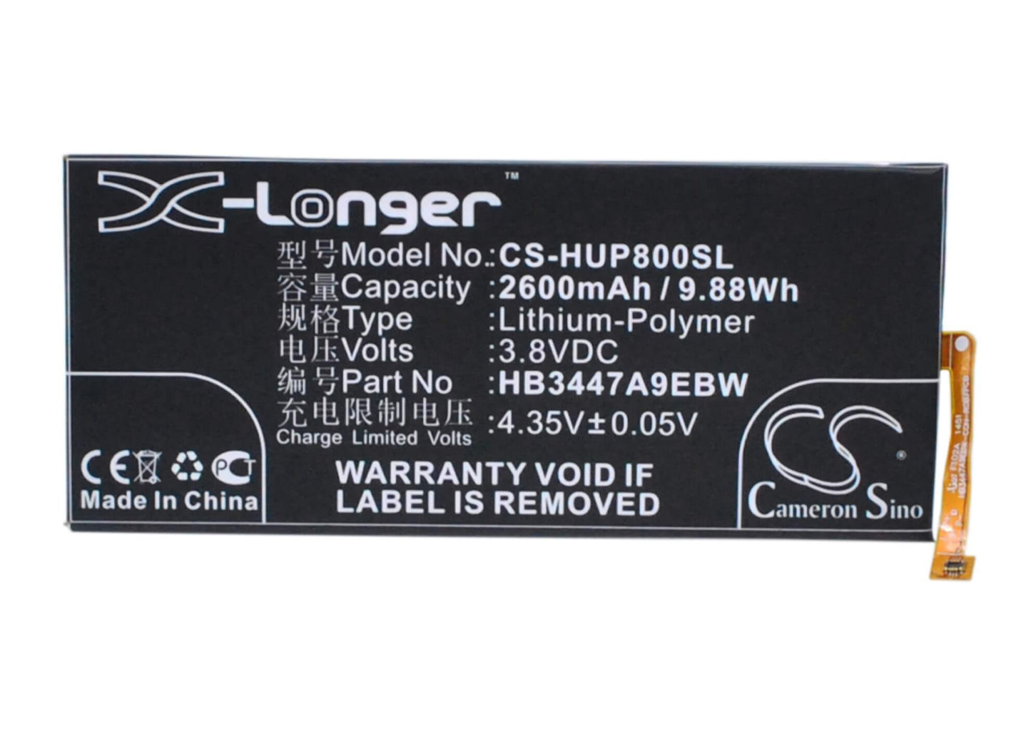 3.8V, 2600mAh, Li-Polymer Battery fits Huawei, Ascend P8, Gra-cl00, 9.88Wh