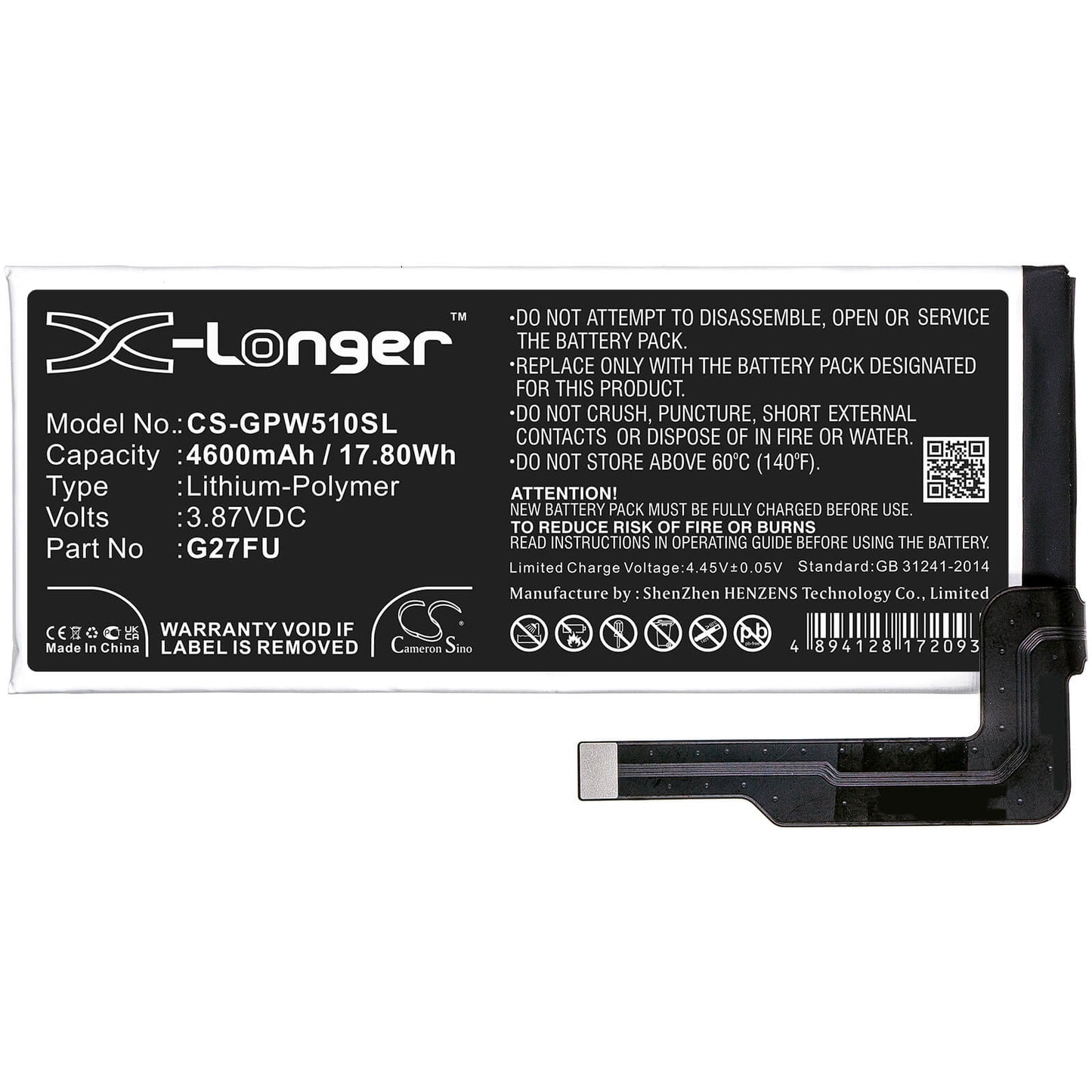 3.87V, 4600mAh, Li-Polymer Battery fits Google, Pixel 5a, Pixel 5a 5g, 17.802Wh