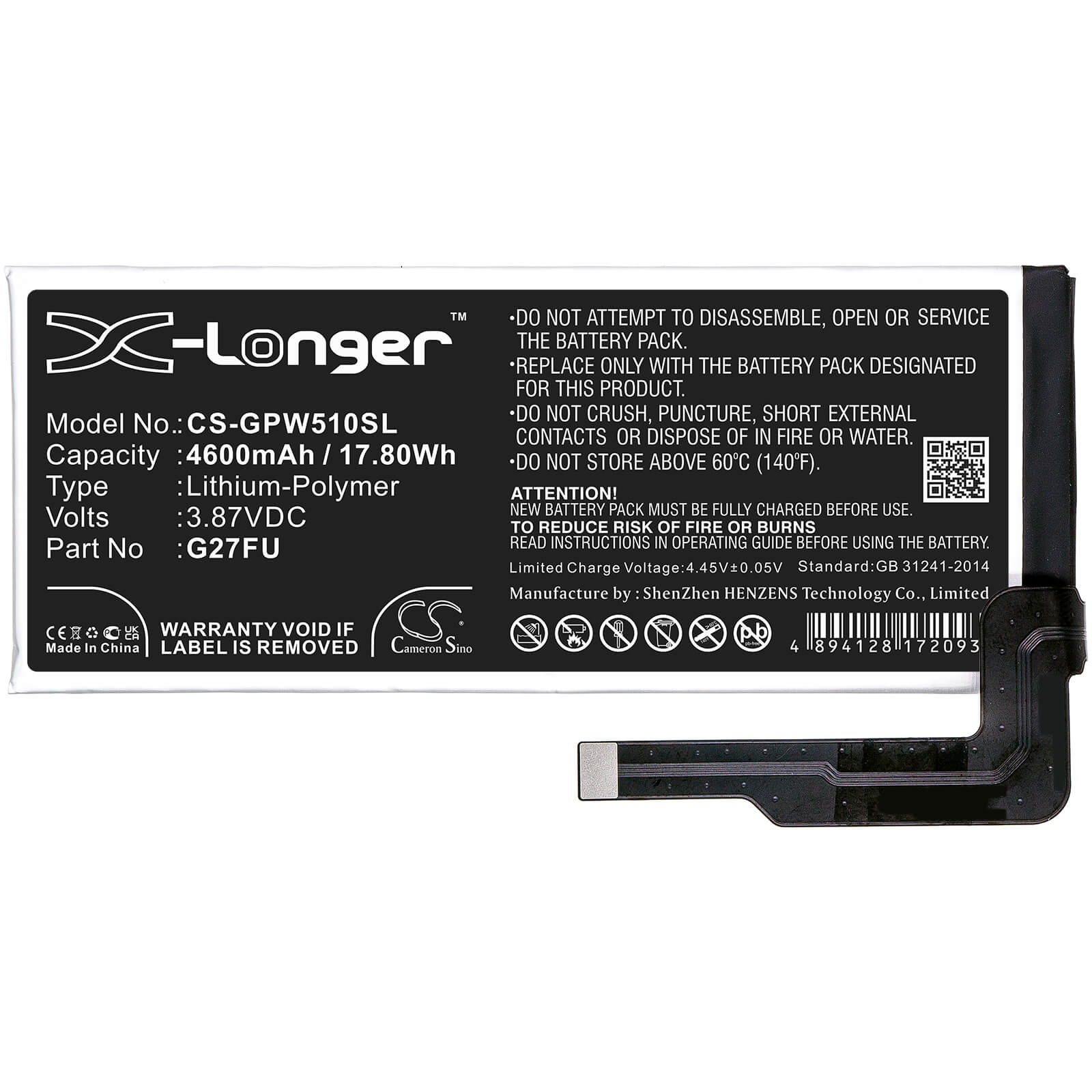 3.87V, 4600mAh, Li-Polymer Battery fits Google, Pixel 5a, Pixel 5a 5g, 17.802Wh