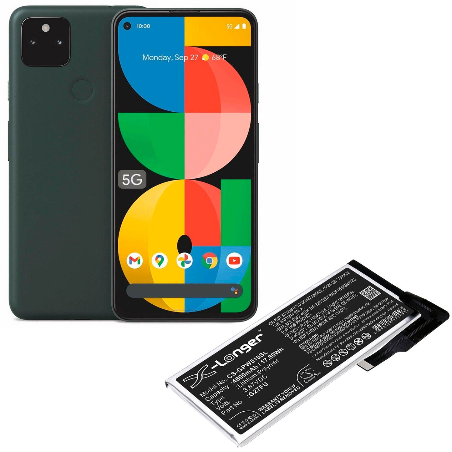 3.87V, 4600mAh, Li-Polymer Battery fits Google, Pixel 5a, Pixel 5a 5g, 17.802Wh