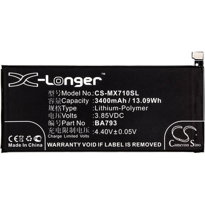 3.85V, 3400mAh, Li-Polymer Battery fits Meizu, M793q, Pro 7 Plus, 13.09Wh