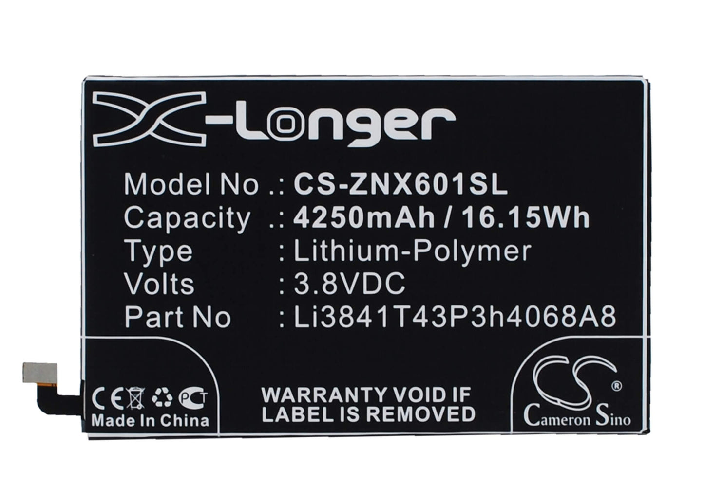 3.8V, 4250mAh, Li-Polymer Battery fits Zte, Nubia X6, Nx601j, 16.15Wh