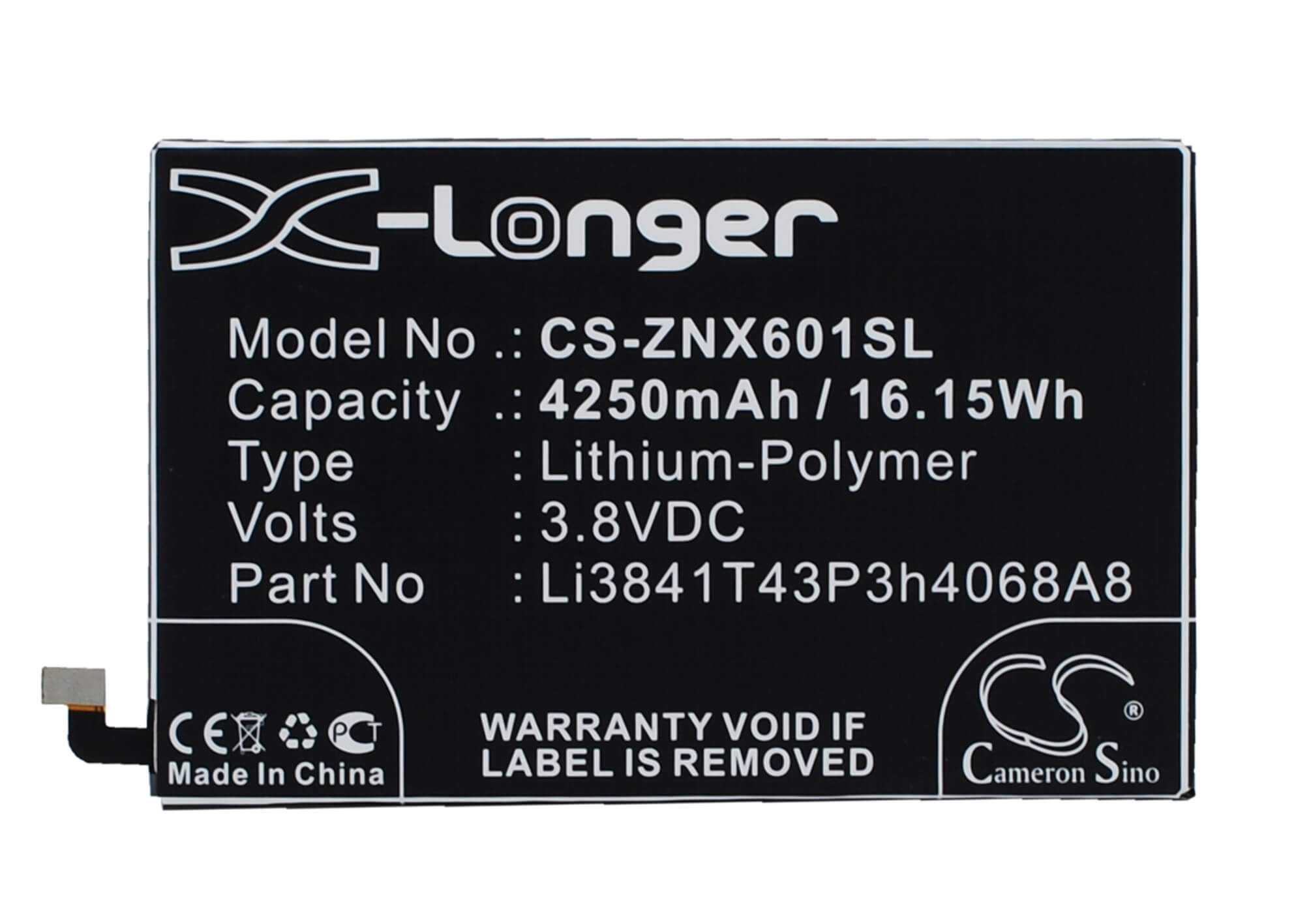 3.8V, 4250mAh, Li-Polymer Battery fits Zte, Nubia X6, Nx601j, 16.15Wh