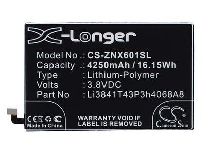 3.8V, 4250mAh, Li-Polymer Battery fits Zte, Nubia X6, Nx601j, 16.15Wh
