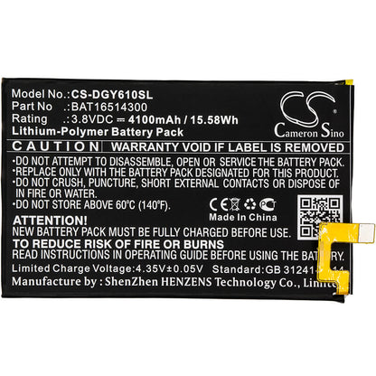 3.8V, 4100mAh, Li-Polymer Battery fits Doogee, Y6 Max, 15.58Wh