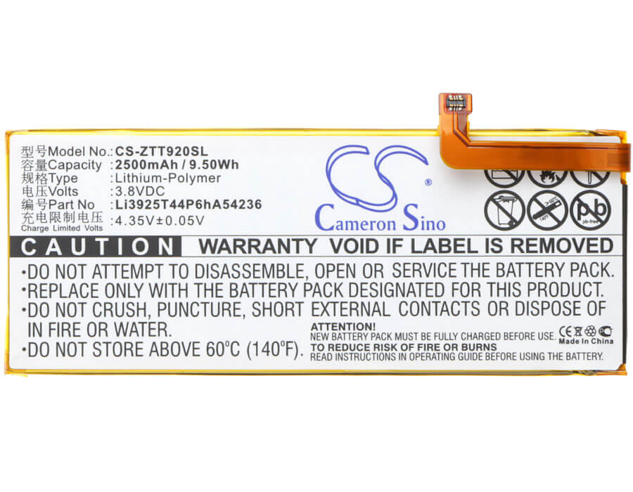 3.8V, 2500mAh, Li-Polymer Battery fits Zte, Blade S7, Blade S7 Dual Sim, 9.5Wh