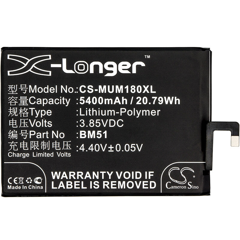 3.85V, 5400mAh, Li-Polymer Battery fits Xiaomi, M1804e4a, M1804e4c, 20.79Wh