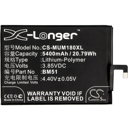 3.85V, 5400mAh, Li-Polymer Battery fits Xiaomi, M1804e4a, M1804e4c, 20.79Wh