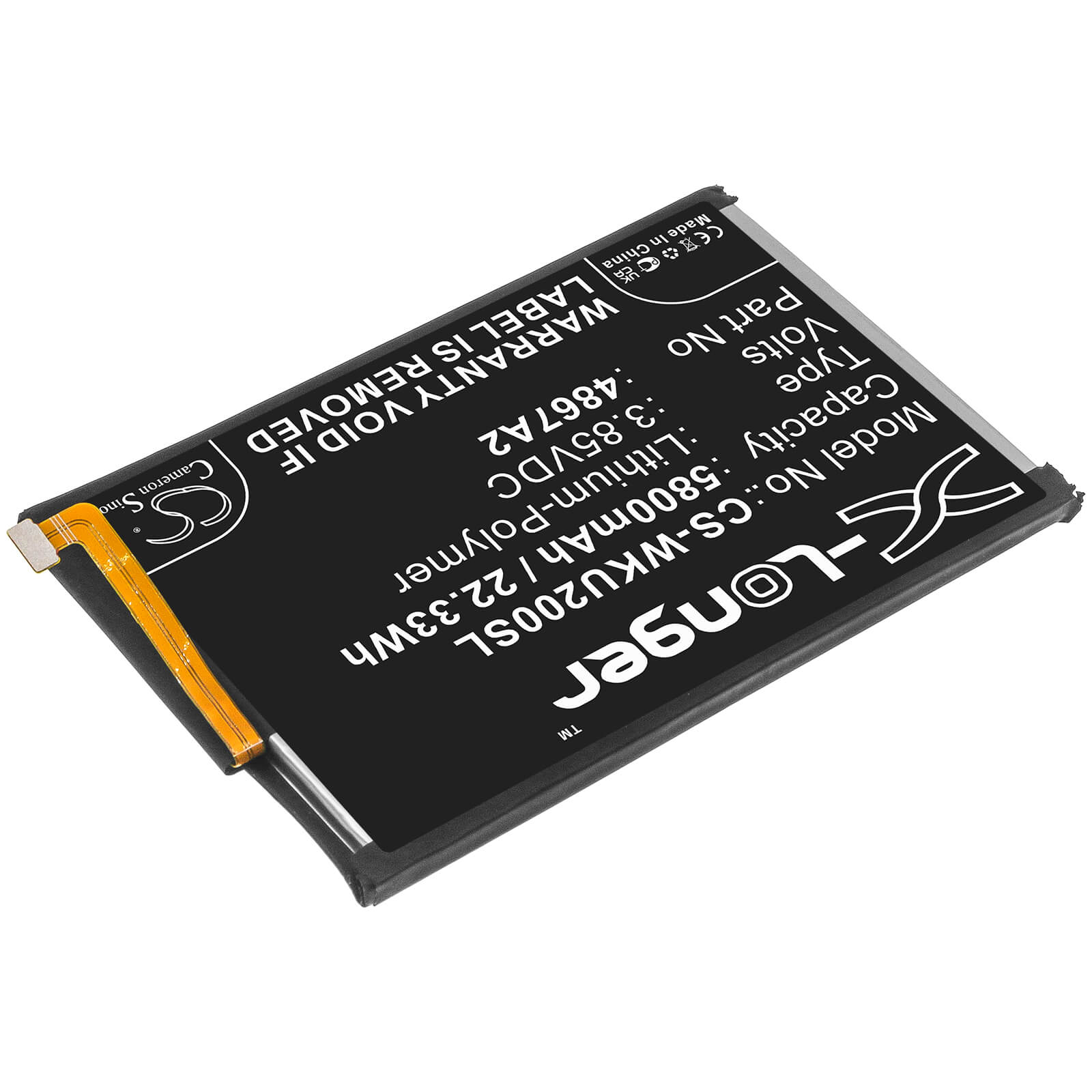 3.85V, 5800mAh, Li-Polymer Battery fits Wiko, Power U20, U30, 22.33Wh