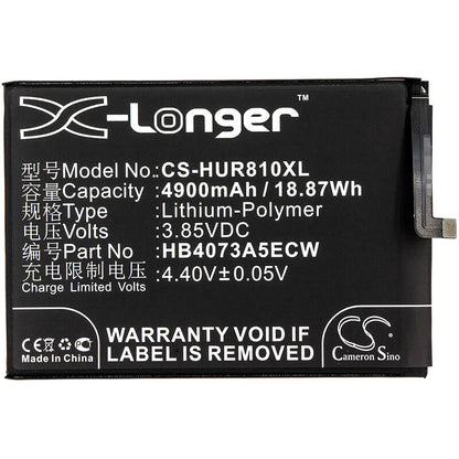 3.85V, 4900mAh, Li-Polymer Battery fits Huawei, Are-al00, Honor 8x Max, 18.865Wh