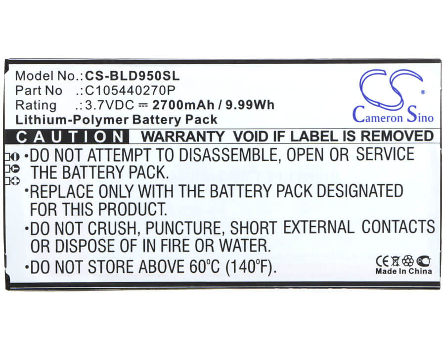 3.7V, 2700mAh, Li-Polymer Battery fits Blu, D950, D950l, 9.99Wh