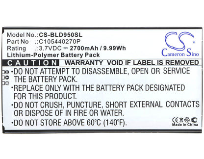 3.7V, 2700mAh, Li-Polymer Battery fits Blu, D950, D950l, 9.99Wh