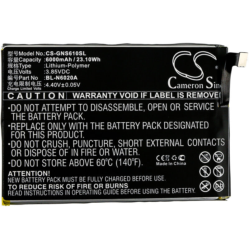 3.85V, 6000mAh, Li-Polymer Battery fits Gionee, M6s Plus, 23.1Wh