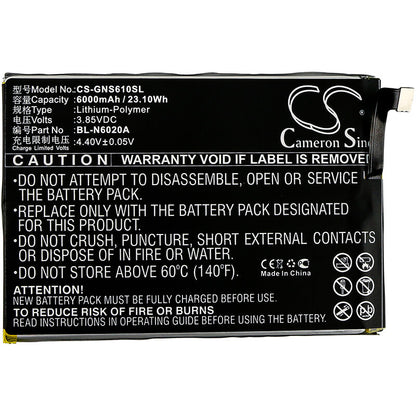 3.85V, 6000mAh, Li-Polymer Battery fits Gionee, M6s Plus, 23.1Wh