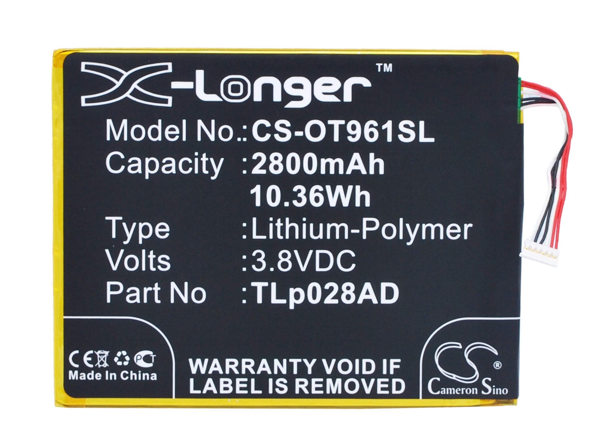 3.8V, 2800mAh, Li-Polymer Battery fits Alcatel, One Touch Pixi 7, Ot-9006w, 10.64Wh