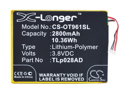 3.8V, 2800mAh, Li-Polymer Battery fits Alcatel, One Touch Pixi 7, Ot-9006w, 10.64Wh