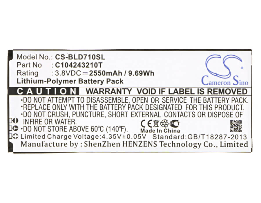 3.8V, 2550mAh, Li-Polymer Battery fits Blu, D710, D710x, 9.69Wh