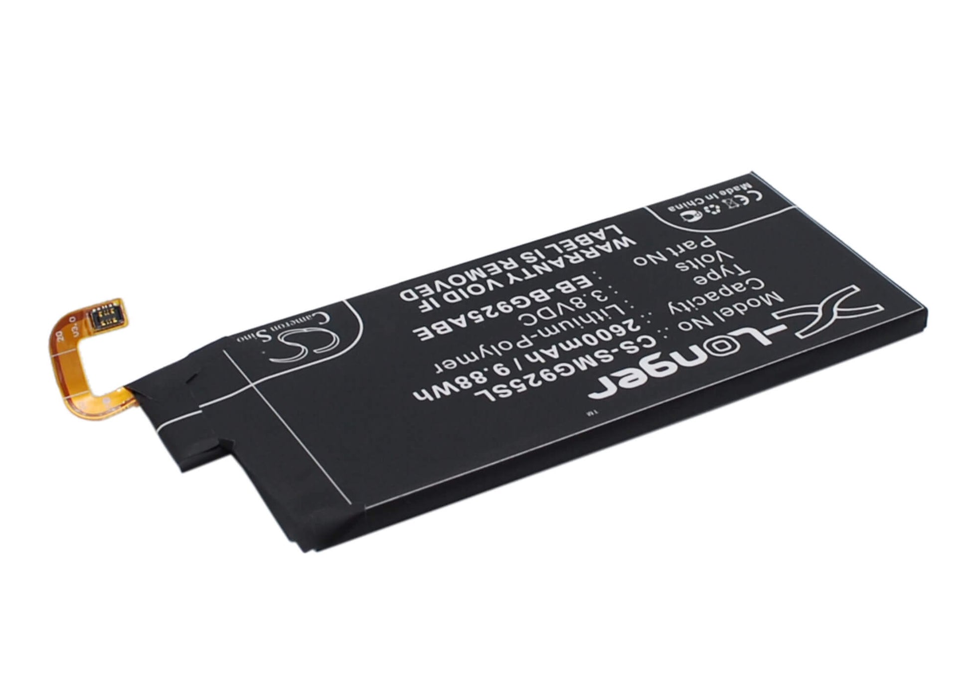 3.8V, 2600mAh, Li-Polymer Battery fits Samsung, Galaxy S6 Edge, Galaxy S6 Edge Td-lte, 9.88Wh