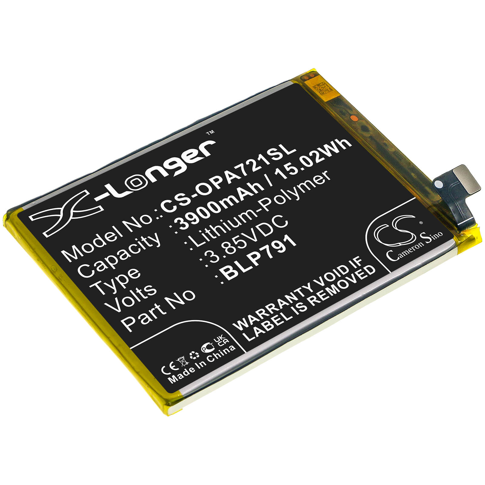 3.85V, 3900mAh, Li-Polymer Battery fits Oppo, A72 5g 2020, A73 5g 2020, 15.015Wh