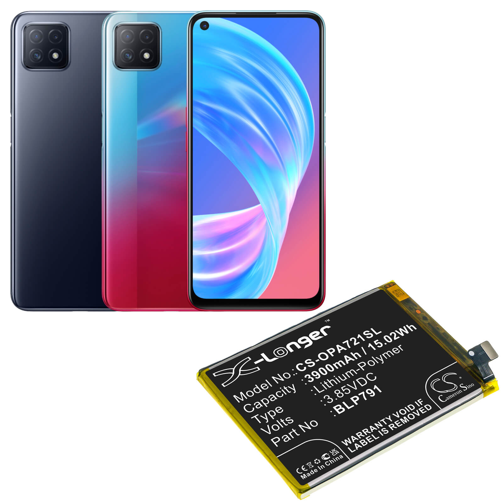 3.85V, 3900mAh, Li-Polymer Battery fits Oppo, A72 5g 2020, A73 5g 2020, 15.015Wh