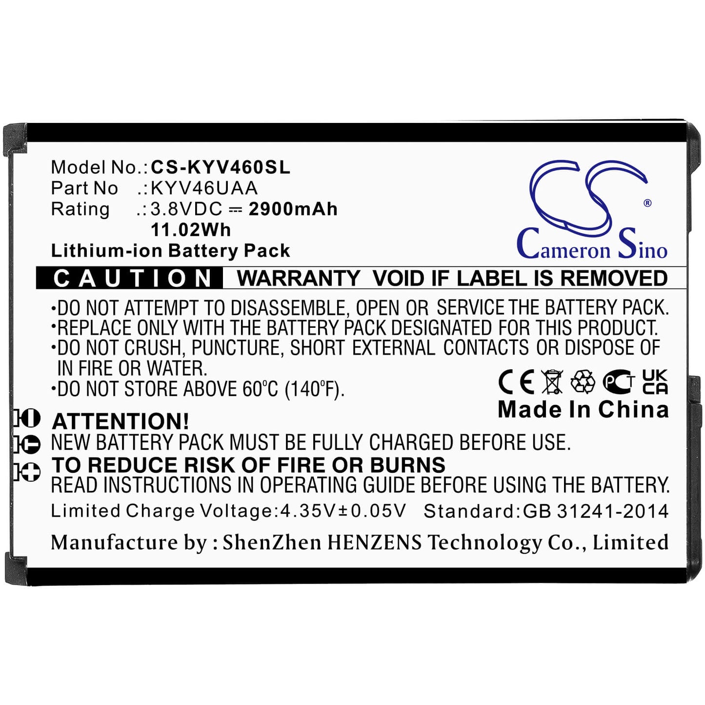 3.8V, 2900mAh, Li-ion Battery fits Kyocera, Kyv46, Torque G04, 11.02Wh
