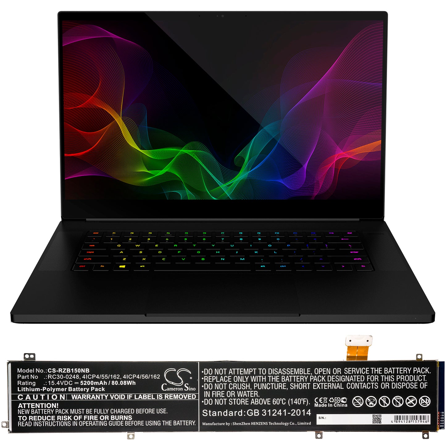 15.4V, 5200mAh, Li-Polymer Battery fits Razer, Blade 15, Blade 15 1070 Gtx 2018, 80.08Wh