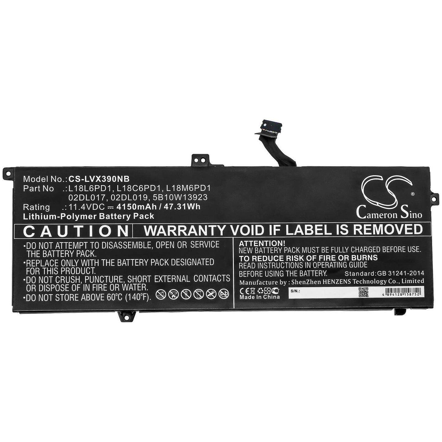 11.4V, 4150mAh, Li-Polymer Battery fits Lenovo, Thinkpad X390, Thinkpad X390 20q00039cd, 47.31Wh