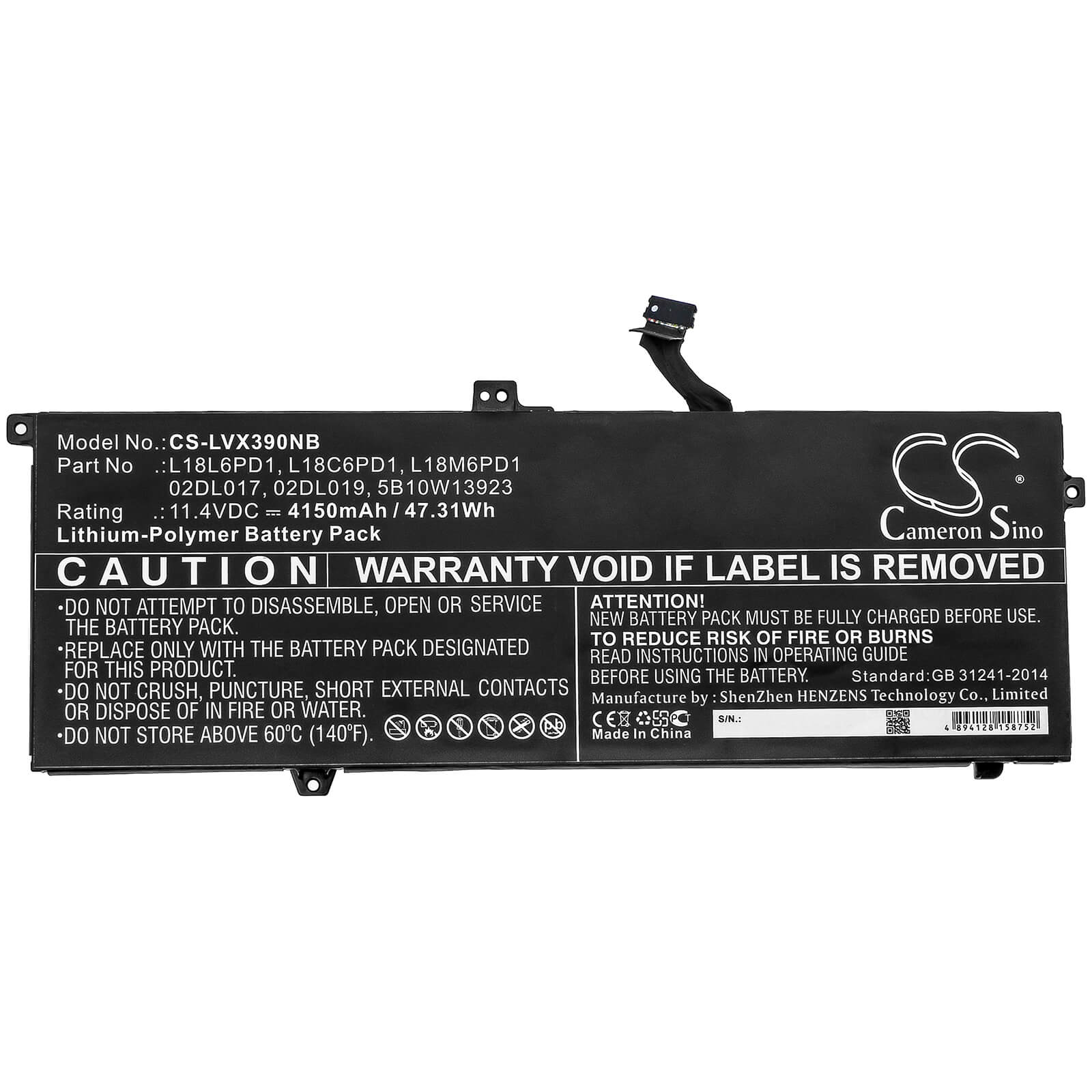 11.4V, 4150mAh, Li-Polymer Battery fits Lenovo, Thinkpad X390, Thinkpad X390 20q00039cd, 47.31Wh