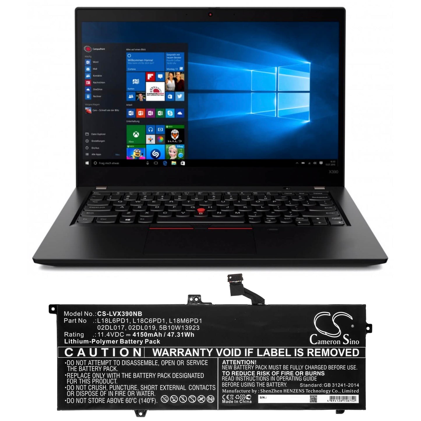 11.4V, 4150mAh, Li-Polymer Battery fits Lenovo, Thinkpad X390, Thinkpad X390 20q00039cd, 47.31Wh
