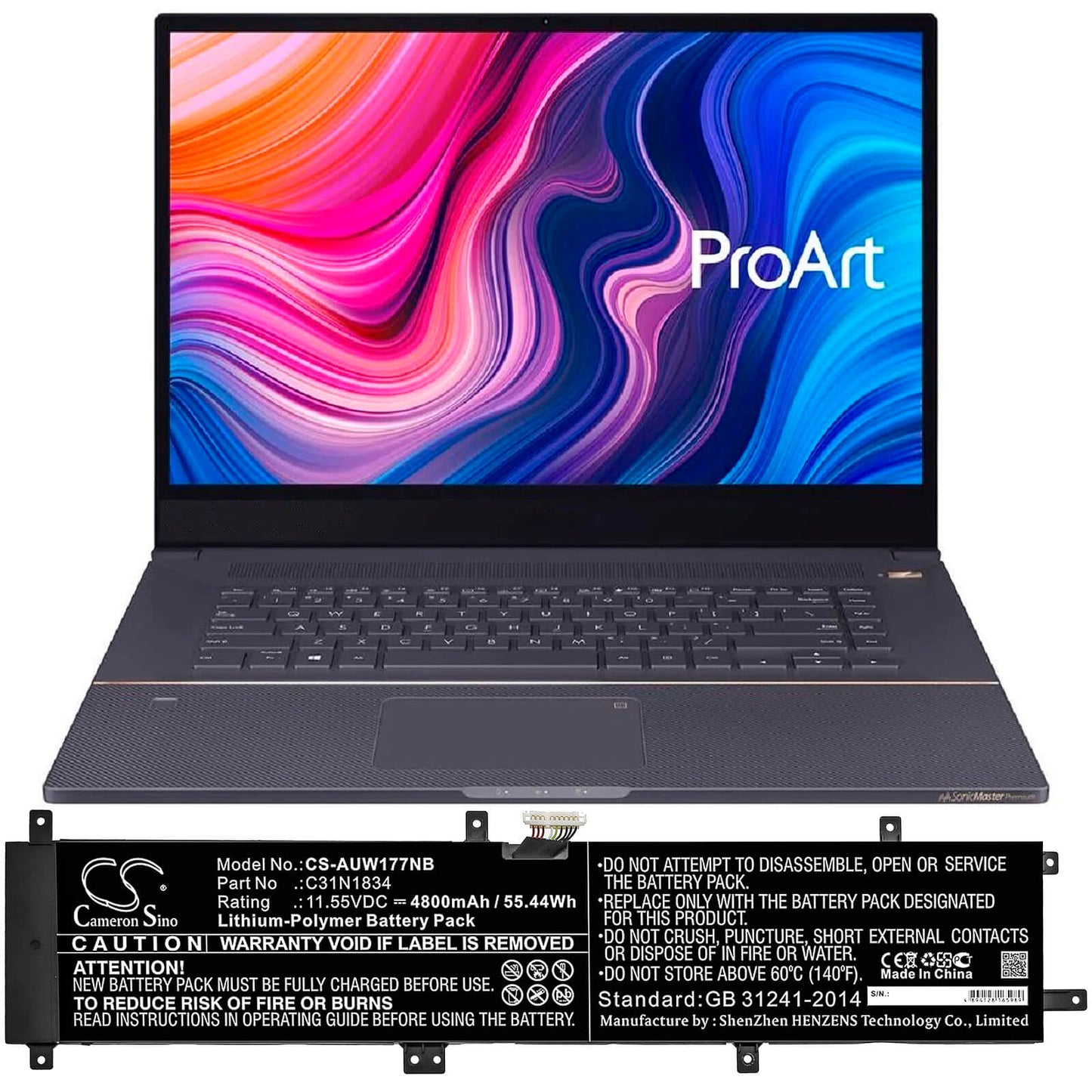 11.55V, 4800mAh, Li-Polymer Battery fits Asus, Proart Studiobook 17 H700gv, Proart Studiobook 17 W700g2t, 55.44Wh