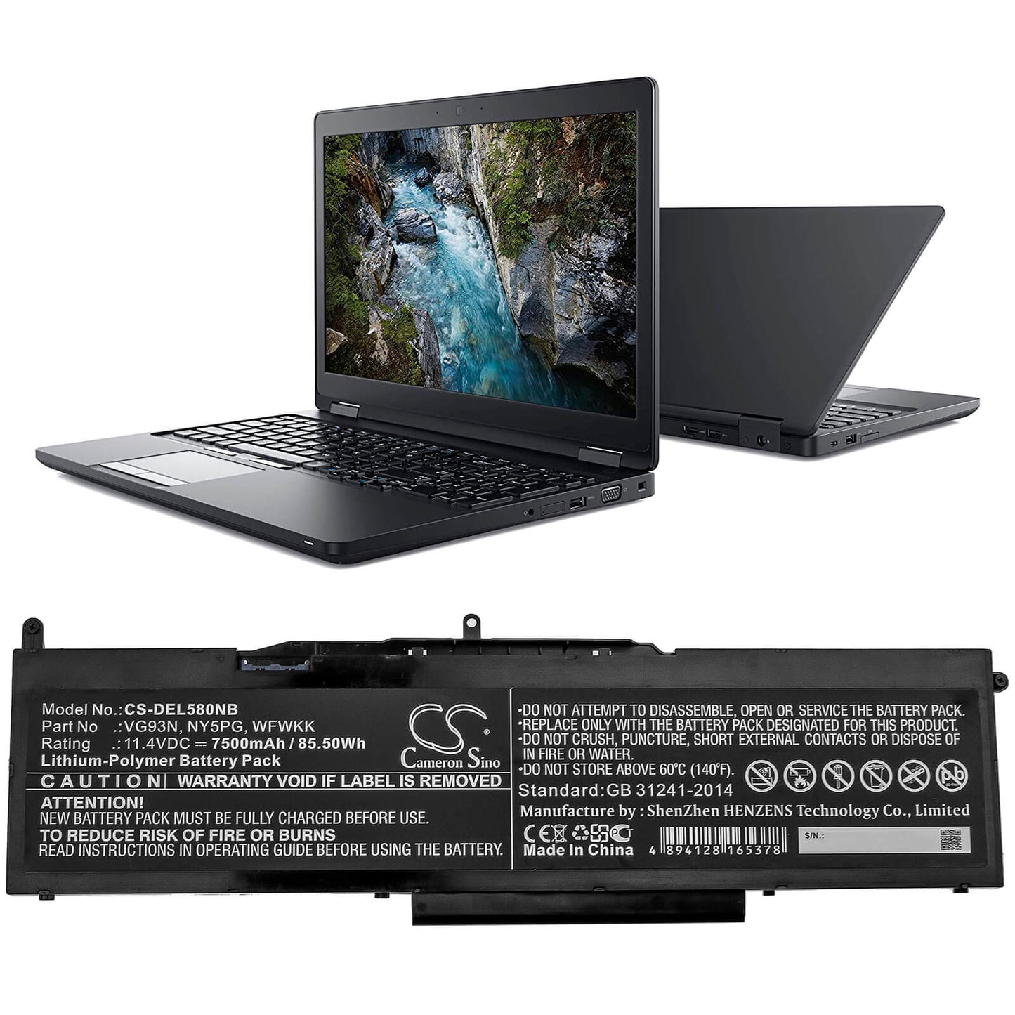 11.4V, 7500mAh, Li-Polymer Battery fits Dell, Latitude 5580, Latitude 5591, 85.5Wh