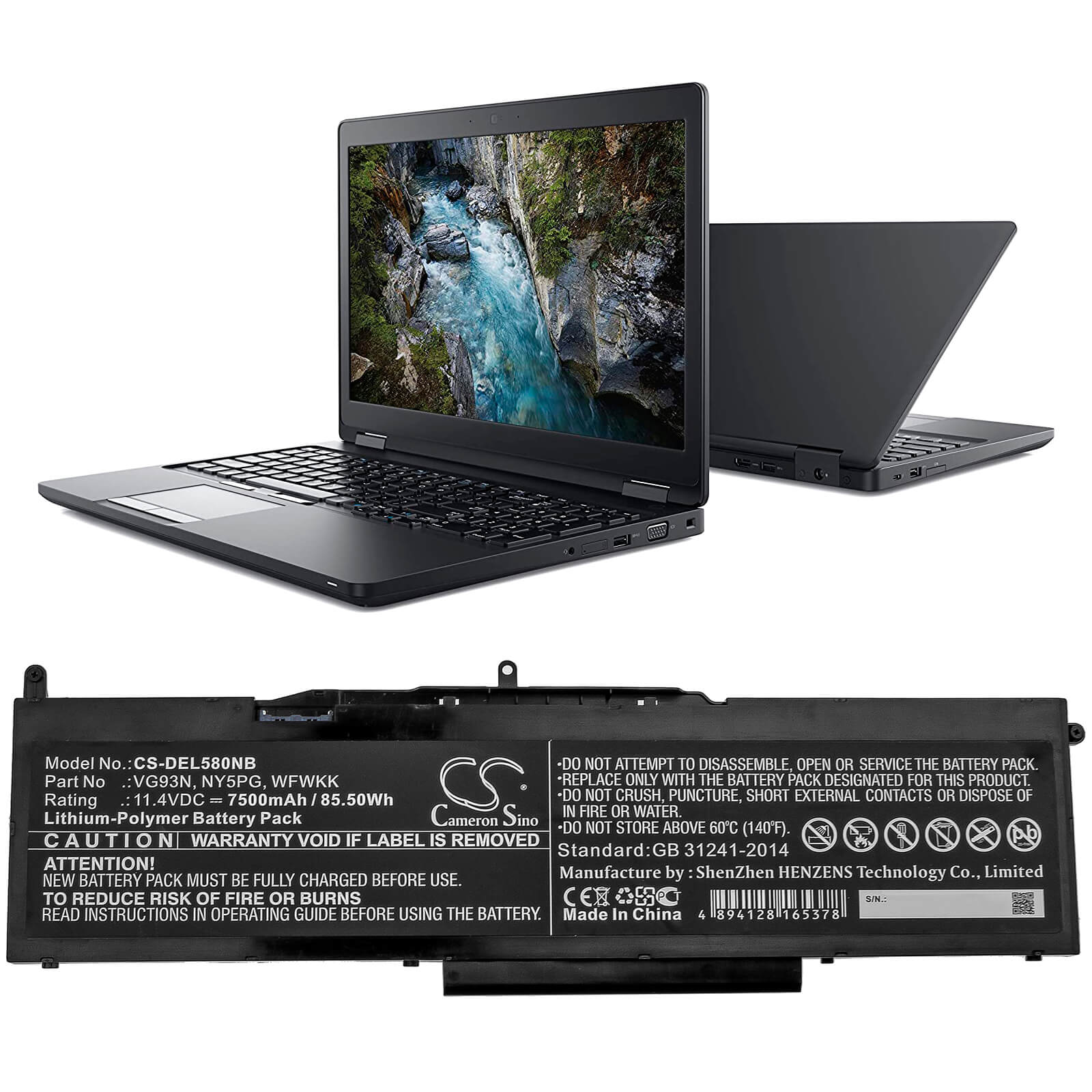 11.4V, 7500mAh, Li-Polymer Battery fits Dell, Latitude 5580, Latitude 5591, 85.5Wh
