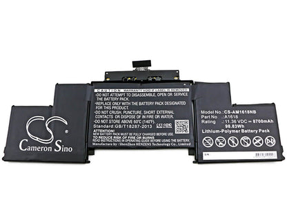 11.36V, 8700mAh, Li-Polymer Battery fits Apple, A1398 Retina 2015, Macbook Pro 15 A1398 Retina (2, 98.832Wh