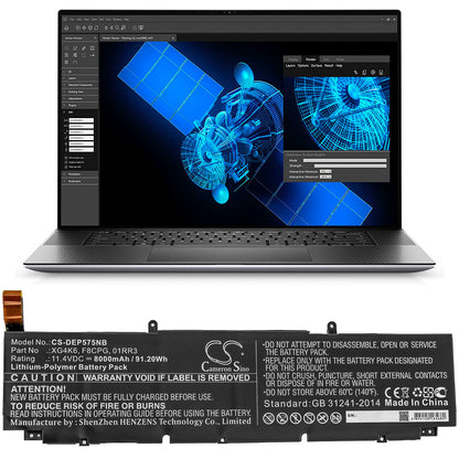 11.4V, 8000mAh, Li-Polymer Battery fits Dell, Precision 5750 0yy3v, Precision 5750 370p9, 91.2Wh