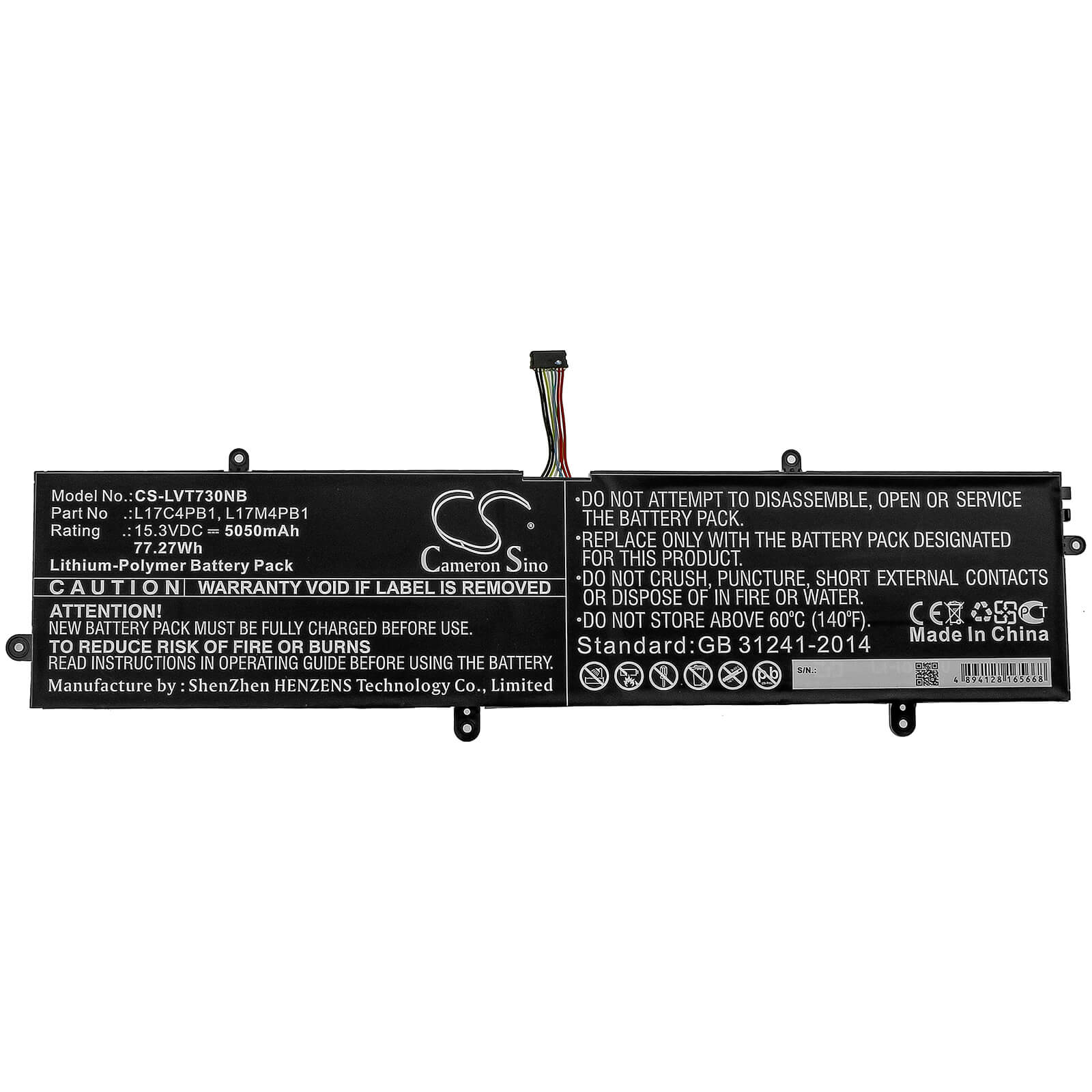 15.3V, 5050mAh, Li-Polymer Battery fits Lenovo, 720s-15, Ideapad 720s Touch-15ikb, 77.265Wh