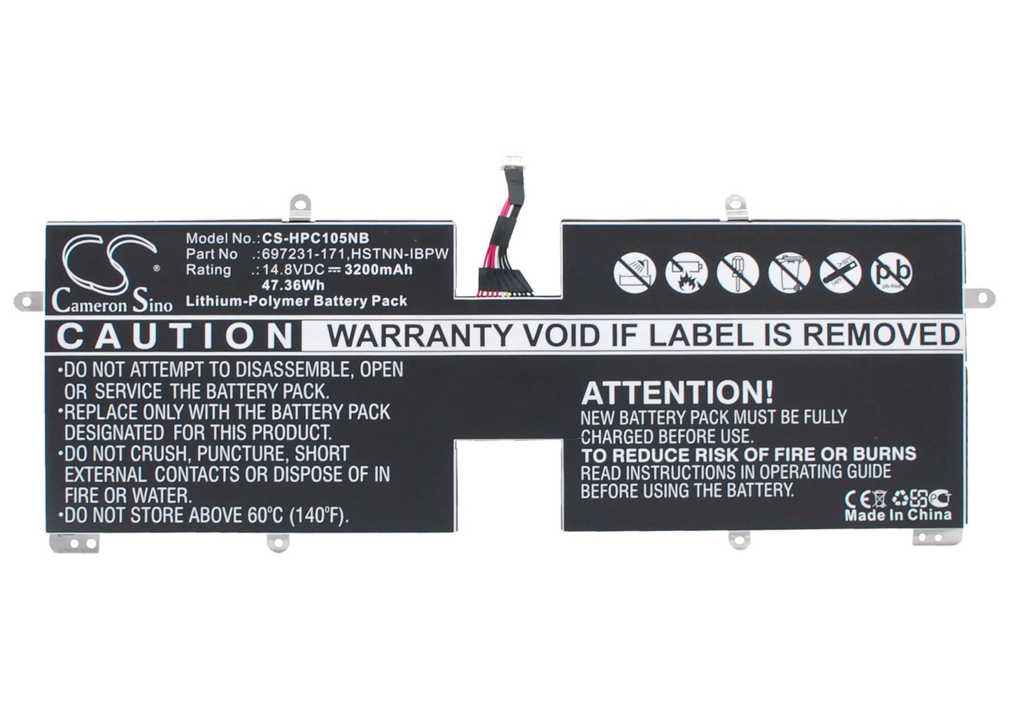 14.8V, 3200mAh, Li-Polymer Battery fits Hp, Spectre Xt Touchsmart 15-4000e, Spectre Xt Touchsmart 15-4000e, 47.36Wh