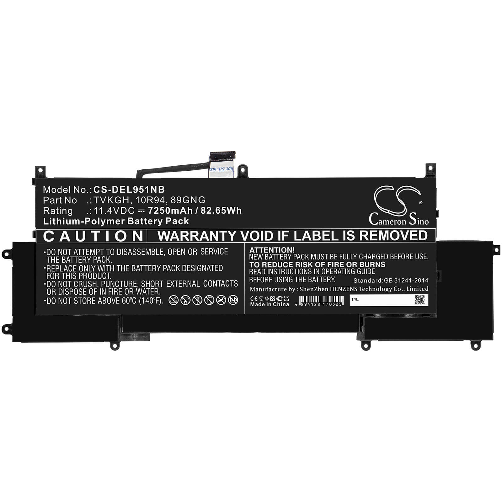 11.4V, 7250mAh, Li-Polymer Battery fits Dell, Latitude 9510 2-in-1, 82.65Wh