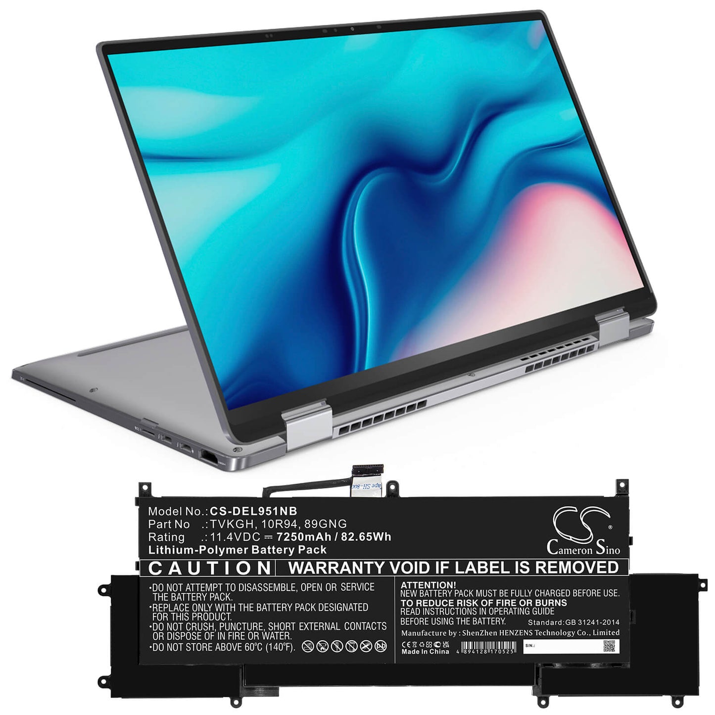 11.4V, 7250mAh, Li-Polymer Battery fits Dell, Latitude 9510 2-in-1, 82.65Wh