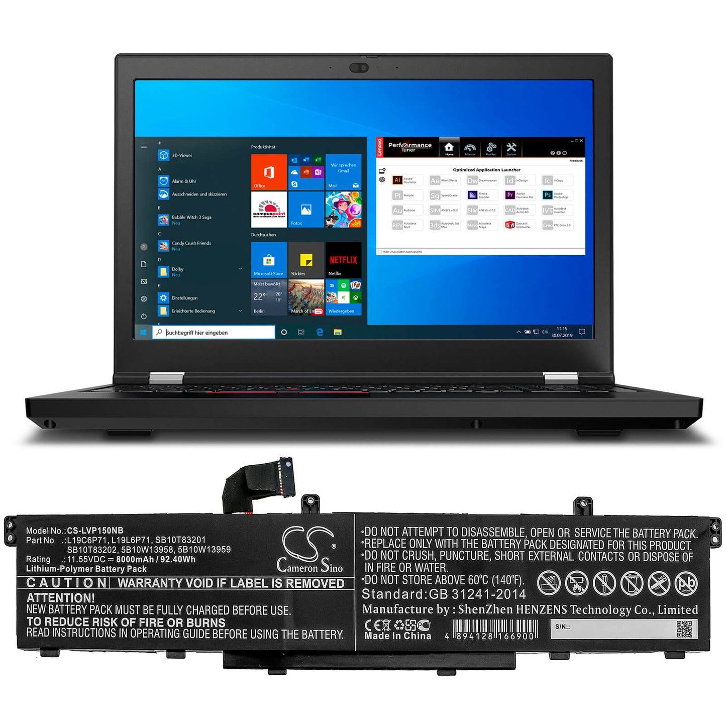 11.55V, 8000mAh, Li-Polymer Battery fits Lenovo, Thinkpad P15, Thinkpad P15 Gen 1 20st002dau, 92.4Wh