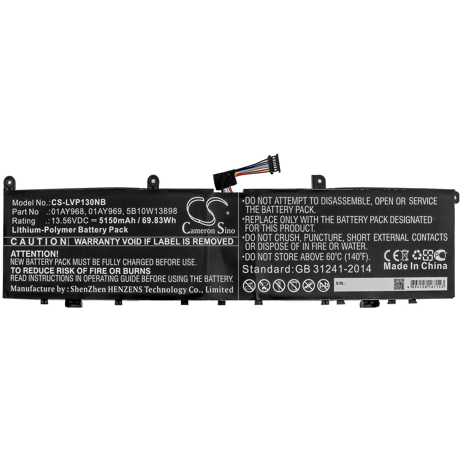 13.56V, 5150mAh, Li-Polymer Battery fits Lenovo, Thinkpad P1, Thinkpad P1 (20md0001ge), 69.834Wh