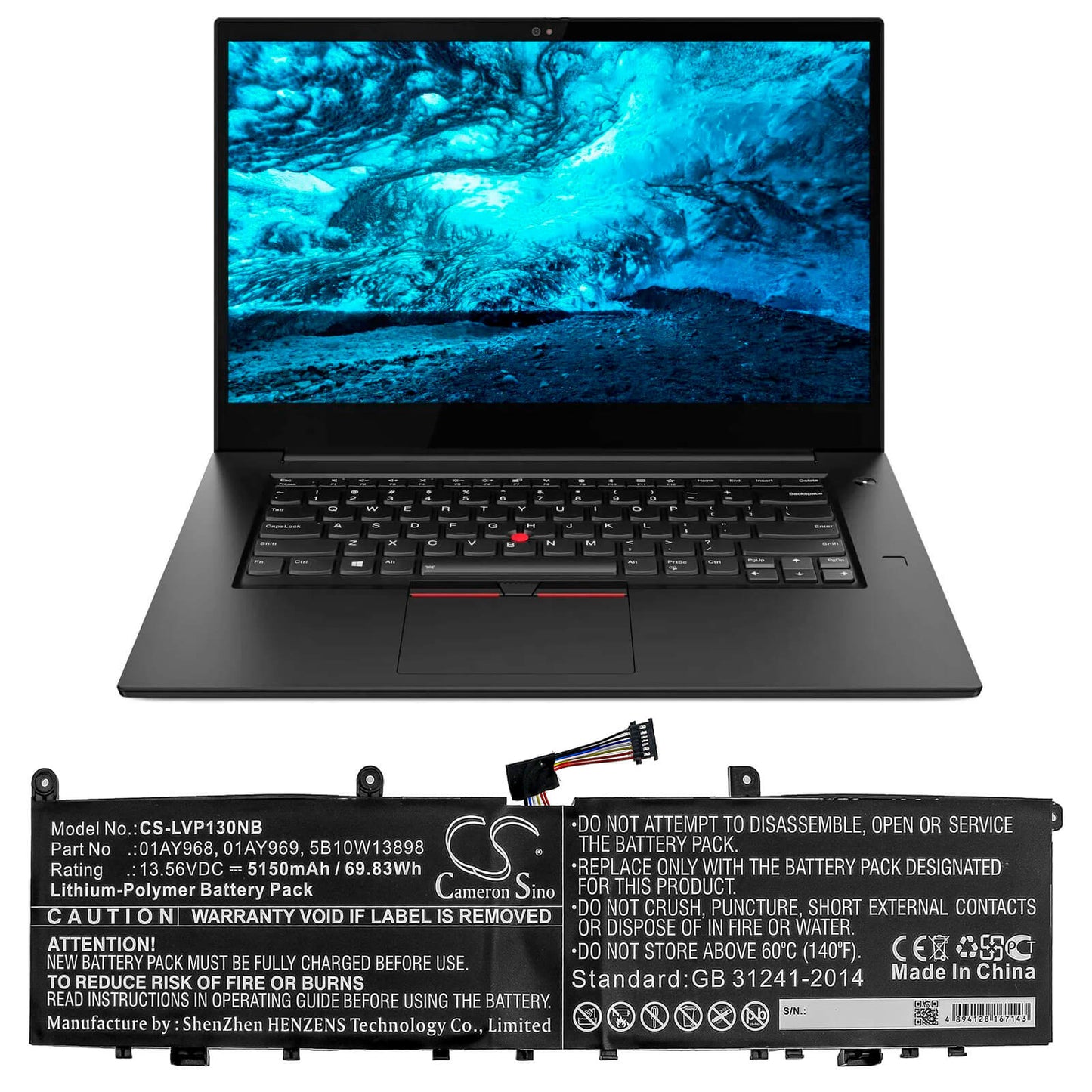 13.56V, 5150mAh, Li-Polymer Battery fits Lenovo, Thinkpad P1, Thinkpad P1 (20md0001ge), 69.834Wh