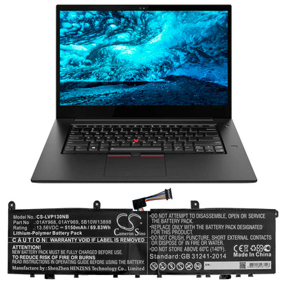 13.56V, 5150mAh, Li-Polymer Battery fits Lenovo, Thinkpad P1, Thinkpad P1 (20md0001ge), 69.834Wh