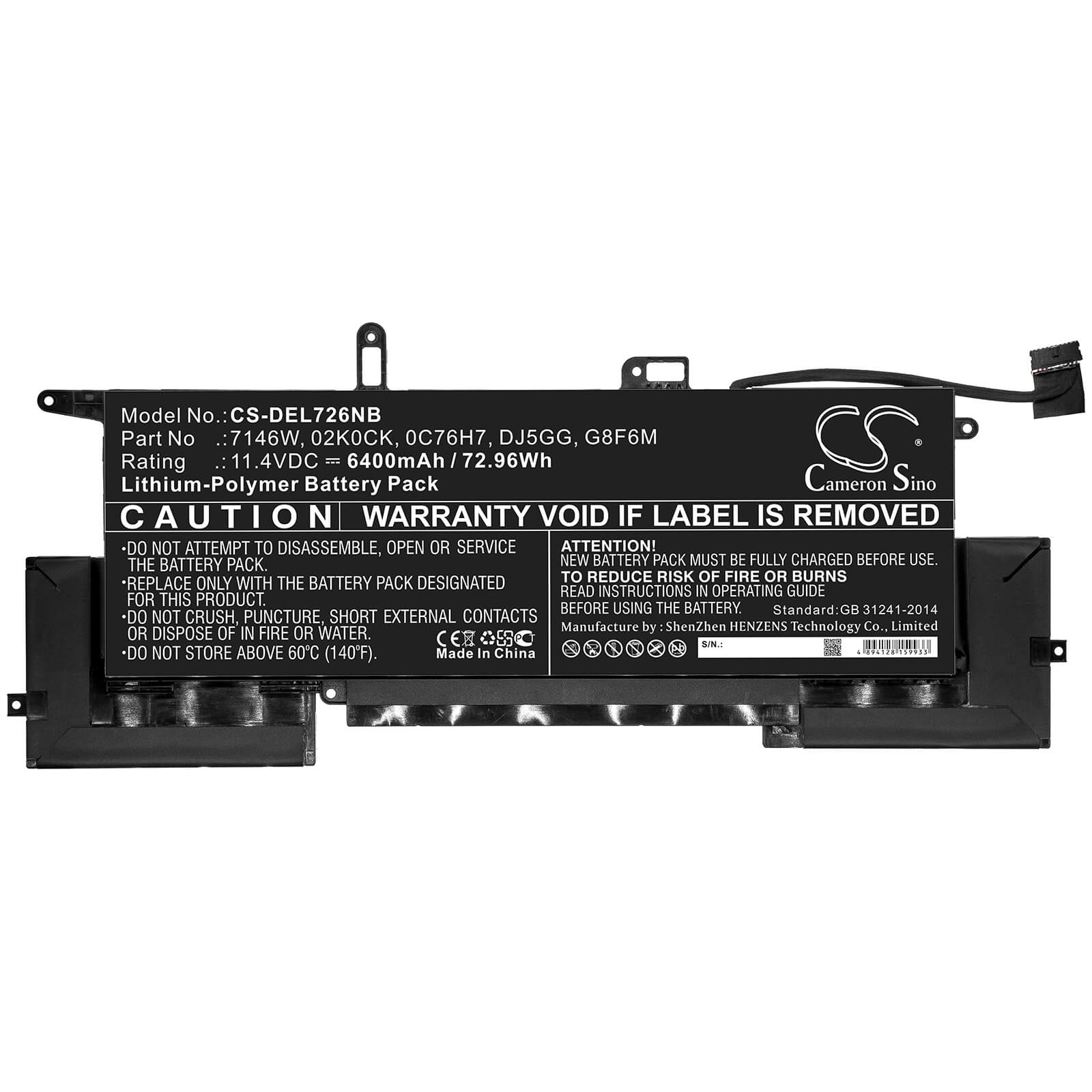 11.4V, 6400mAh, Li-Polymer Battery fits Dell, Latitude 7400 2-in-1, Latitude 7400 2-in-1 (n020l740, 72.96Wh