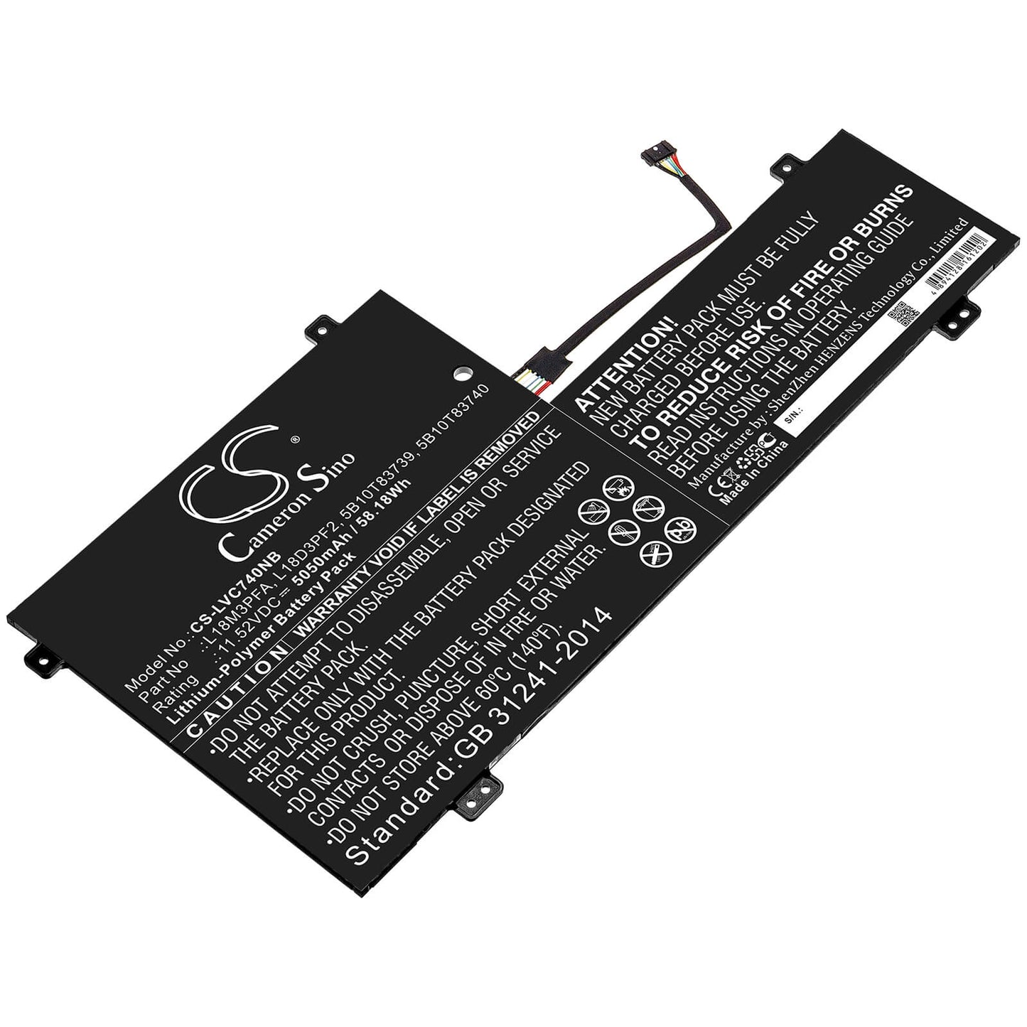 11.52V, 5050mAh, Li-Polymer Battery fits Lenovo, Yoga C740, Yoga C740-15, 58.176Wh