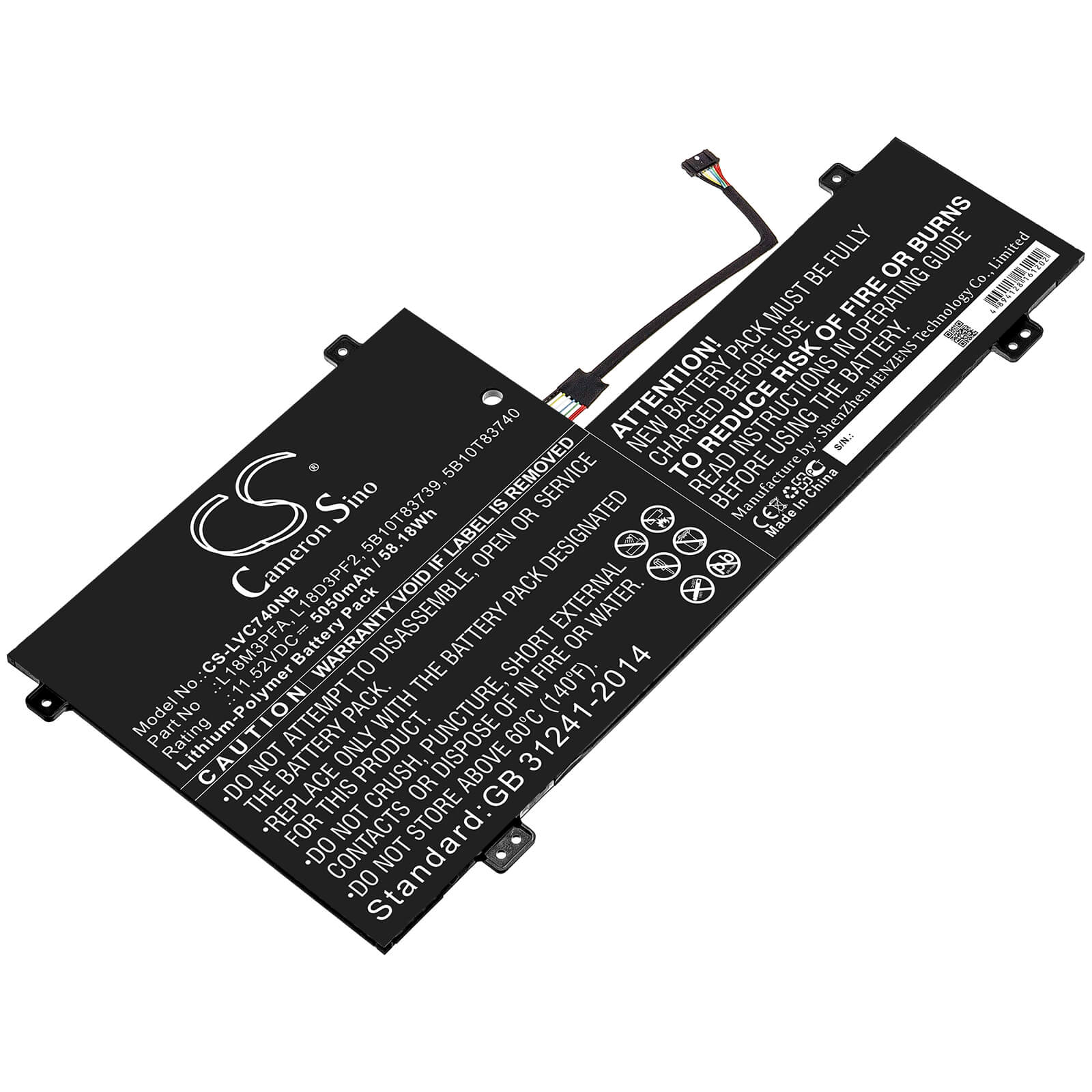 11.52V, 5050mAh, Li-Polymer Battery fits Lenovo, Yoga C740, Yoga C740-15, 58.176Wh