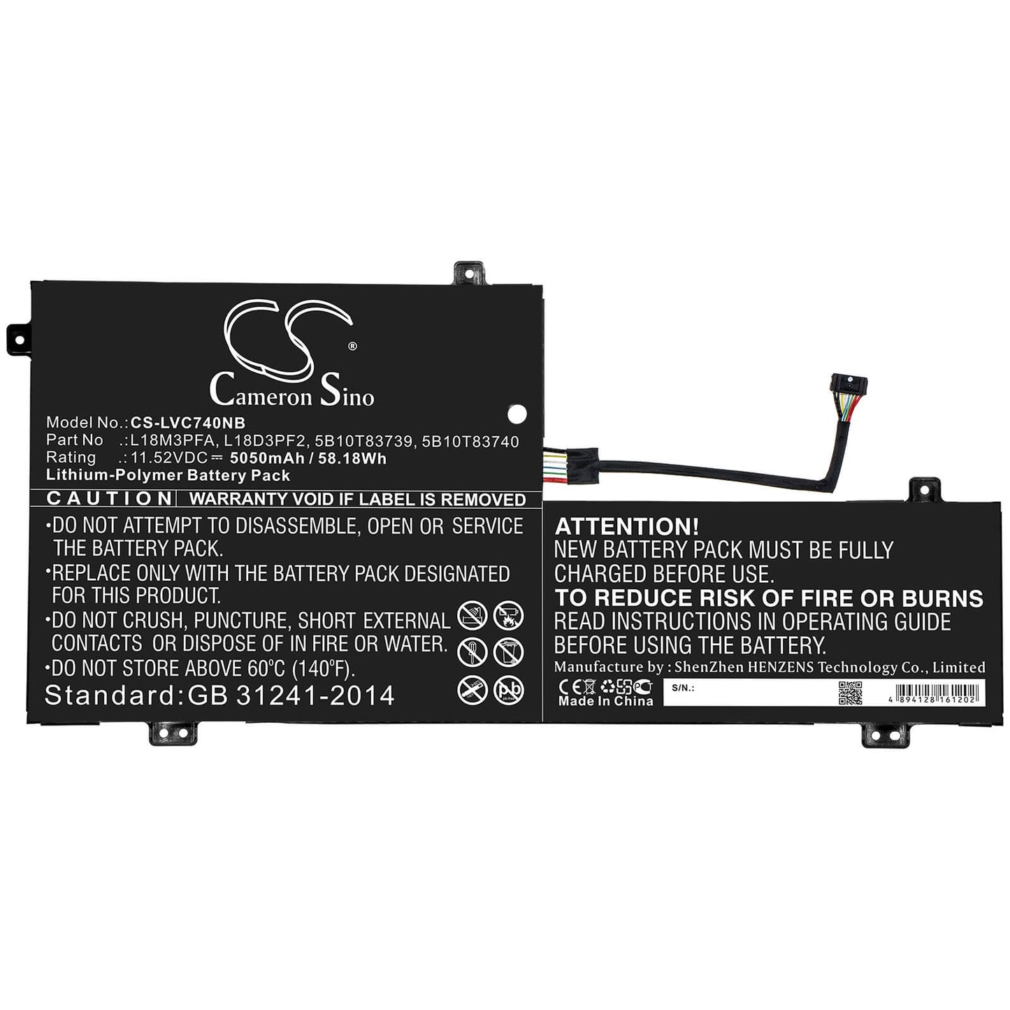 11.52V, 5050mAh, Li-Polymer Battery fits Lenovo, Yoga C740, Yoga C740-15, 58.176Wh