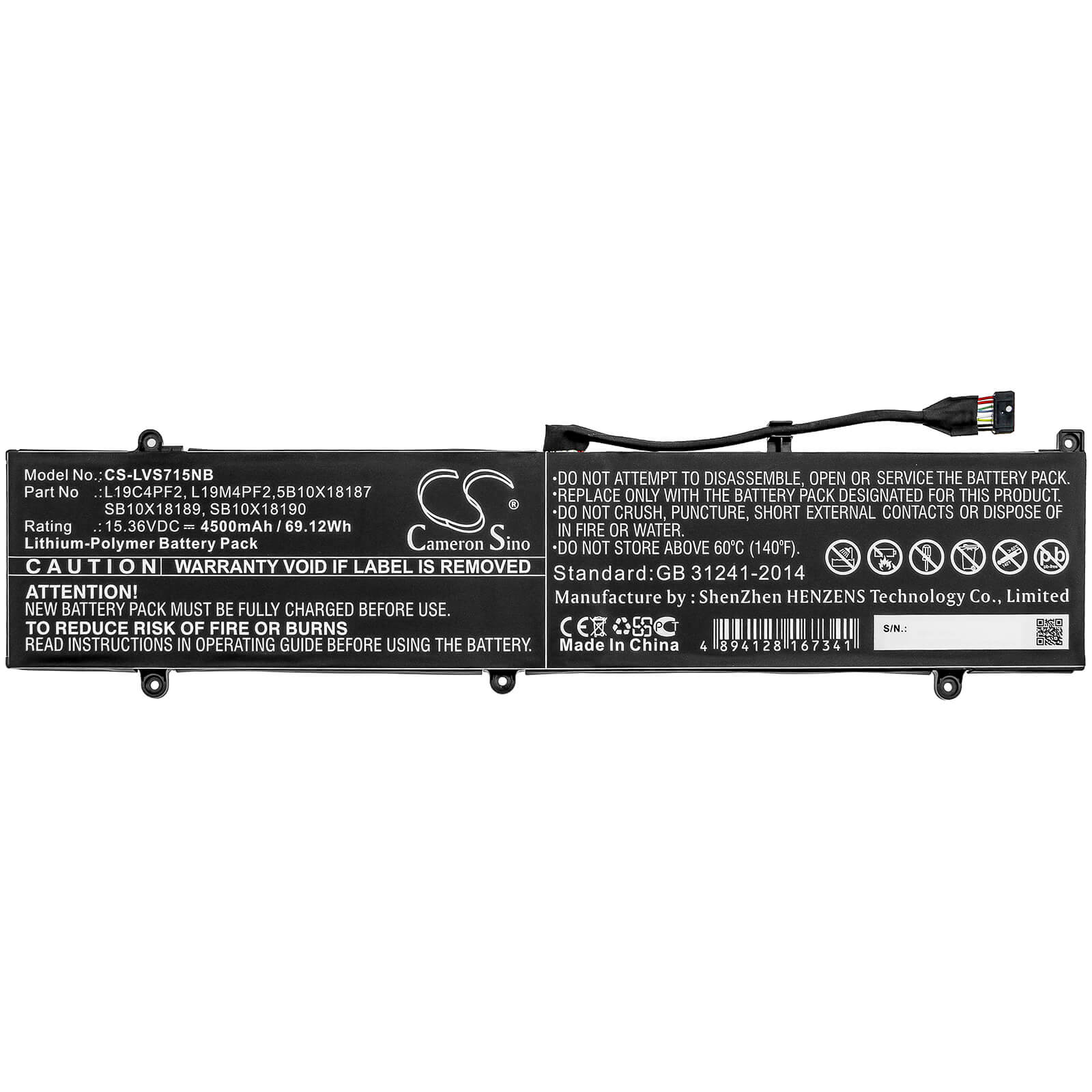 15.36V, 4500mAh, Li-Polymer Battery fits Lenovo, Yoga Slim 7 15, Yoga Slim 7-15imh05, 69.12Wh