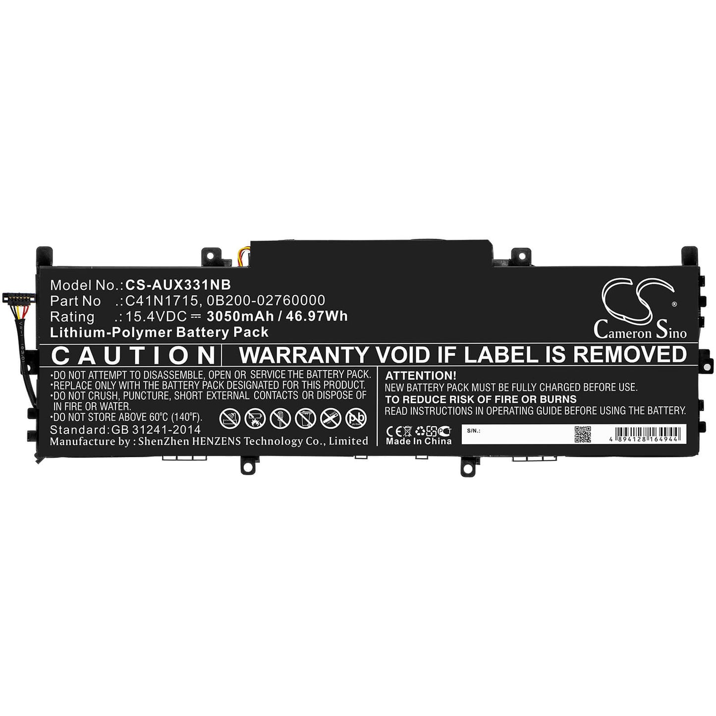 15.4V, 3050mAh, Li-Polymer Battery fits Asus, U3100fn, U3100un, 46.97Wh